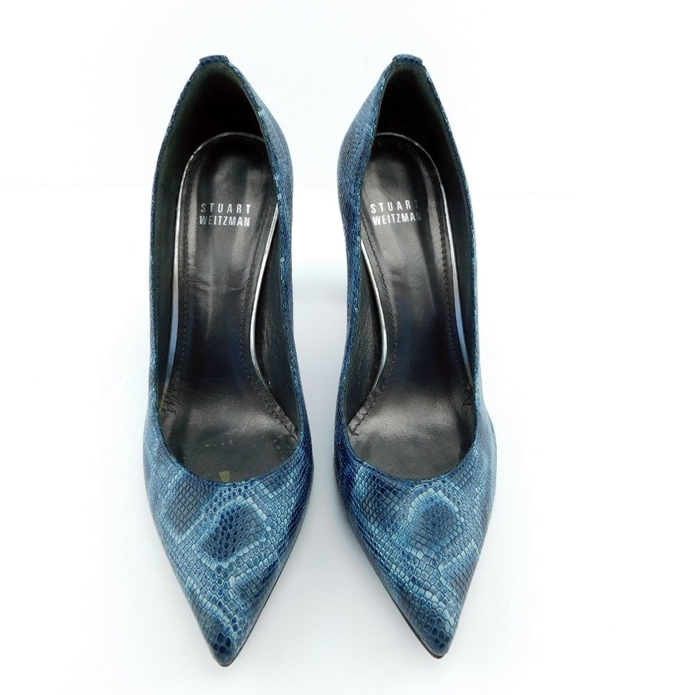 STUART WEITZMAN Blue Snake Textured Leather SW Logo Block Heels Pumps 7